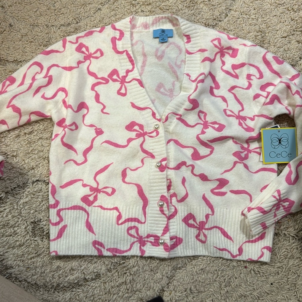 New CeCe Sweater women's medium Bow Ribbons Cardigan NWOT